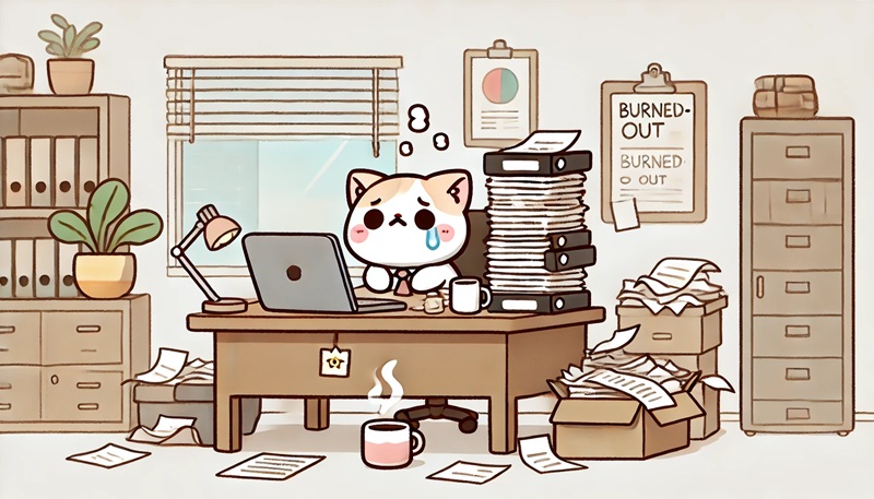 大量の仕事を抱えるネコ